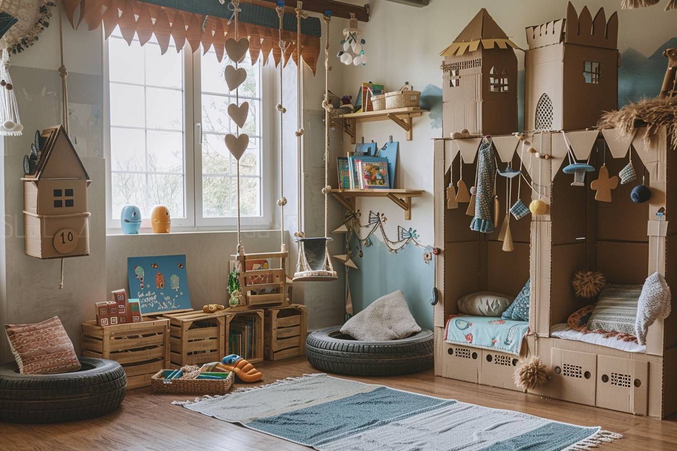 Chambre d'enfant colorée et écologique décorée avec des matériaux recyclés, illustrant des idées créatives de décoration