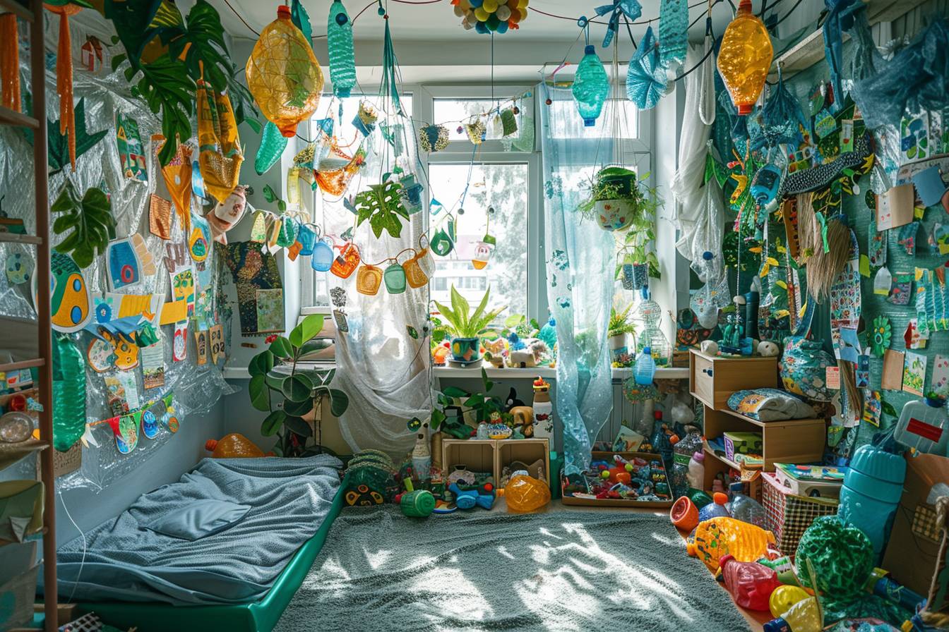 Décoration imaginative de chambre d'enfant avec des jouets faits de matériaux recyclés pour stimuler créativité et conscience écologique.